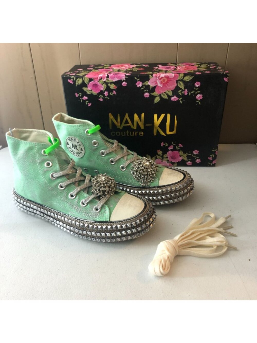 Nan Ku Free People Cruise Studded Hi Top Sneakers Spring Mint Green 40 US 10 - Picture 4 of 9